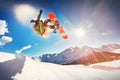 Snowboarder at jump in high mountains at sunny day. Neural network AI generated