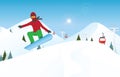 Snowboarder jumping through air against blue sky.