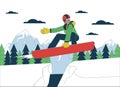 Snowboarder jumping on mountain slope line cartoon flat illustration