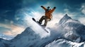 Snowboarder jumping among the mountains