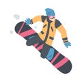 Snowboarder Jumping in Mountains, Extreme Sport Activities, Winter Vacation Cartoon Style Vector Illustration Royalty Free Stock Photo