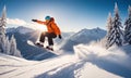 Snowboarder jumping in the mountains at sunset. Extreme winter sport.