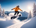 Snowboarder jumping in the mountains at sunset. Extreme winter sport.