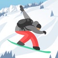 Snowboarder jumping pose on winter outdoor