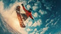 Snowboarder jumping at ski slope against sun, man in red jacket rides snowboard with splash of snow in winter. Concept of sport, Royalty Free Stock Photo