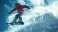 Snowboarder jumping at ski slope on sky background, man in mask rides snowboard spraying snow in winter. Concept of sport, extreme Royalty Free Stock Photo