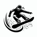 Snowboarder jumping on a snowboard, black and white vector illustration, snow skiing icon, generative ai