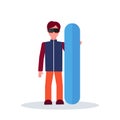 Snowboarder man holding snowboard winter vacation hobby concept sportsman wearing goggles male cartoon character full