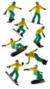 Snowboarder performing tricks and jumps in motion sequence composition  on white background Royalty Free Stock Photo