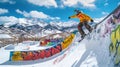 Snowboarder Performs a Trick on a Colorful Halfpipe Surrounded by Mountains in a Sunny Winter Landscape. Generative AI Royalty Free Stock Photo