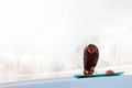 Snowboarder put on snowboard boots beffore the competition Royalty Free Stock Photo