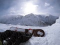 Snowboarder resting on the slope - winter sports scene. Beautiful mountain view