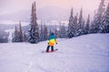 Snowboarder riding on slope with snowy forest, sheregesh ski resort sunset Royalty Free Stock Photo