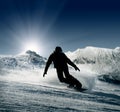 Snowboarder silhouette on the snow hills view