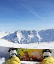 Snowboarder sitting on snow