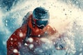 Snowboarder slides at ski slope spraying snow powder close-up, man in orange jacket rides snowboard in winter. Concept of sport,