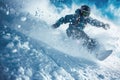 Snowboarder slides at ski slope spraying snow powder in mountain, man in blue jacket rides snowboard in winter. Concept of sport,