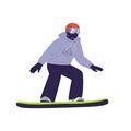 Snowboarder sliding. Active man riding snowboard. Person in helmet, glasses and winter outfit standing on snow board