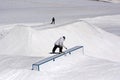 Snowboarder sliding on a box