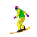 Snowboarder sliding down, man snowboarding