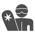 Snowboarder with snowboard solid icon, Winter sports concept, Man with snowboard sign on white background, silhouette of