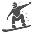 Snowboarder solid icon, World snowboard day concept, Man snowboarding sign on white background, silhouette of