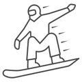 Snowboarder thin line icon, World snowboard day concept, Man snowboarding sign on white background, silhouette of