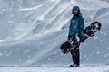 Snowboarder in the top mountains with snowbord. Extreme feeride concept. Space for text Royalty Free Stock Photo