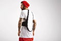 Snowboarder wearing back protector