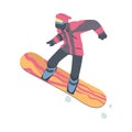 Snowboarder in Winter Clothing and Goggles Jumping in Mountains, Extreme Sport Activities, Winter Vacation Cartoon Style Royalty Free Stock Photo