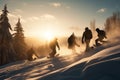 Snowboarders in a jump on a high mountain competition, five Freerider snowboarder