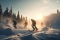 Snowboarders in a jump on a high mountain competition, five Freerider snowboarder