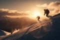 Snowboarders in a jump on a high mountain competition, five Freerider snowboarder