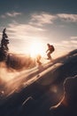 Snowboarders in a jump on a high mountain competition, five Freerider snowboarder