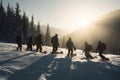 Snowboarders in a jump on a high mountain competition, five Freerider snowboarder