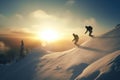 Snowboarders in a jump on a high mountain competition, five Freerider snowboarder