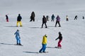 Snowboarders and skiers at ski resort slope