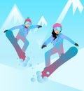 Snowboarders vector illustration. Man and woman jumping on snowboards. Flat characters. Snowboarders on mountain slope