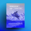 Snowboarding camp flyer or poster design template with snowboard rider dark silhouette on mountains landscape background