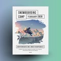 Snowboarding camp flyer or poster design template with snowboard rider dark silhouette on mountains landscape background