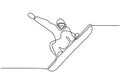 Snowboarding continuous one line drawing. Person standing and jump on snowboard. Winter sport minimalism and simplicity hand drawn Royalty Free Stock Photo