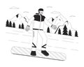 Snowboarding downhill winter sports black and white cartoon flat illustration