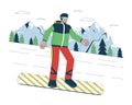 Snowboarding downhill winter sports line cartoon flat illustration