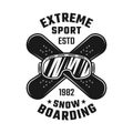 Snowboarding emblem with ski glasses and boards