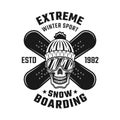 Snowboarding emblem with skull and two boards