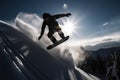 Snowboarding and extreme winter sports, recreation for a snowboarder, generative AI.
