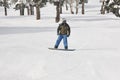 Snowboarding on a forest ski slope. White winter mountain landscape Royalty Free Stock Photo