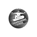 Snowboarding school round logo, silhouette of a snowboarder descending from a mountain slope winter sport illustration, fashion