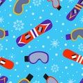 Snowboarding seamless pattern. Vector illustration. Winter outdoors repeat texture. Sport equipment background. Snowboard, glasses