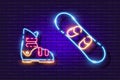 Snowboarding set neon icon. Snowboard and boots glowing sign. Vector illustration for design. Sports concept